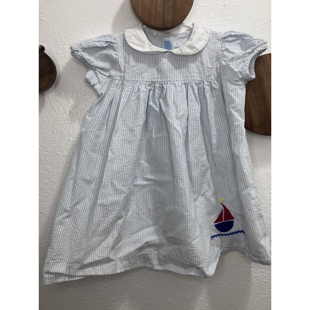 VTG Betti Terrell By Johnston Seersucker Girls 24M Dress Blue & White Sailboats